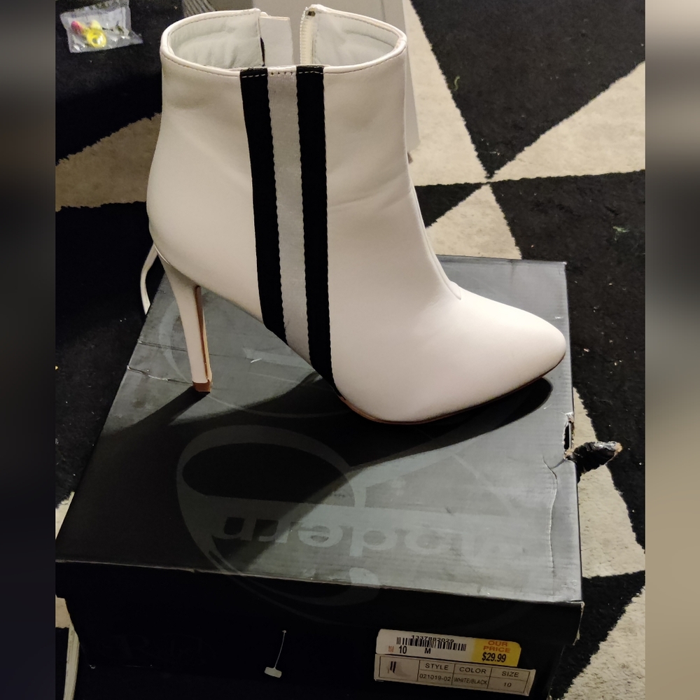 Rebel Modern BLACK and white varsiry striped Stellito ankle boots